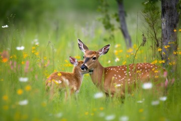 peaceful meadow with fawn and rabbit cuddling, surrounded by blooming wildflowers, created with generative ai