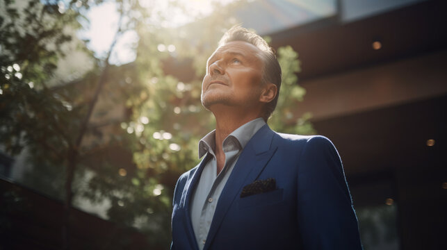AI generated image of successful businessman wearing dark blue smart casual jacket looking up to the sky while standing against his office building