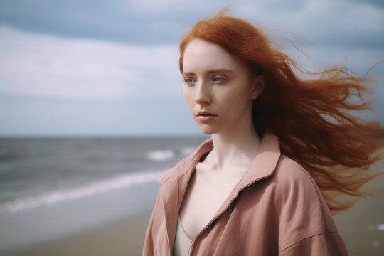 AI generated image of pensive young ethereal redhead woman with long windy hair next to the sea