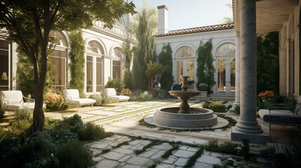3D render roman style, Home and Garden Embracing the Timeless Elegance and Tranquility, Creating a Harmonious Fusion of Indoor and Outdoor Spaces