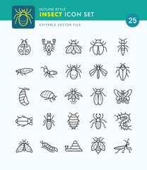 Set of Insect Icon Outline Style. Beetles, Butterflies, Bees, Snails.