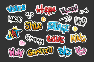 Street graffiti stickers. Vector set of urban typography art graffiti lettering, spray effect, signs, tags, grunge font. Paint art with drips, splashes and blobs for print, web, wall decorations