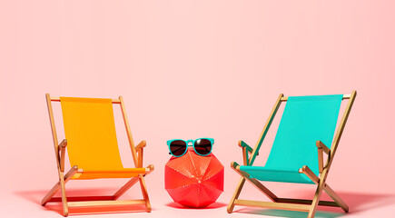 Fototapeta premium Two beach chairs, red beach ball and sunglasses over soft pink pastel background with copy space. Abstract summer vacation relax background. Created with generative Ai