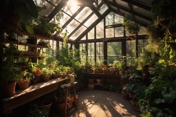 a greenhouse with sunbeams streaming through the glass, illuminating the plants and flowers within, created with generative ai