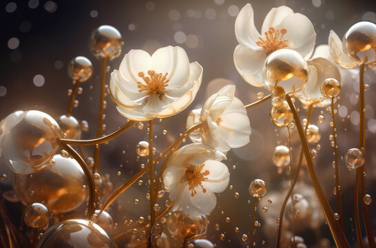 white flower on shiny gold background with pearls