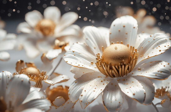 white flower on shiny gold background with pearls