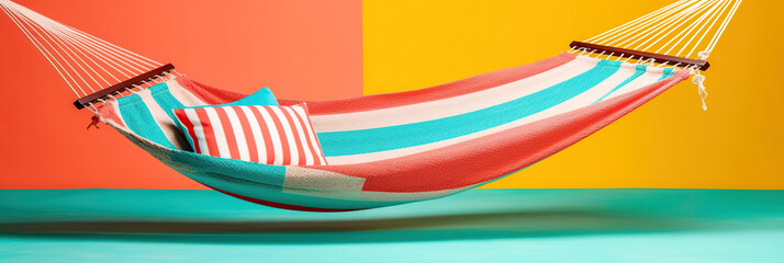 Colorful striped hammock on orange red background with copy space. Abstract minimalist summer vacation relax backdrop. Created with generative Ai
