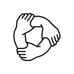 Three hands together. Vector flat outline icon illustration isolated on white background.