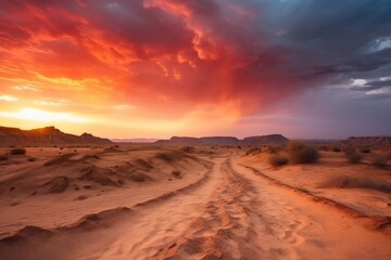 Fototapeta na wymiar desert with dramatic sunset, the sky ablaze with stunning colors, created with generative ai