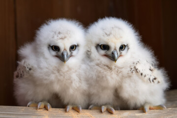 Obraz premium Three cute snowy owl chicks snuggled up to each other, looking at the camera. AI