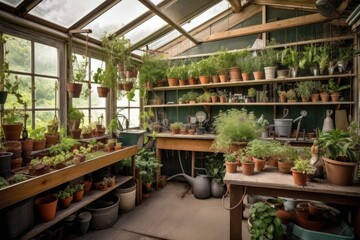 greenhouse with shelves of plants and tools for gardening, created with generative ai