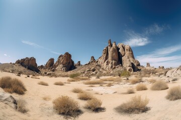 Naklejka premium arid landscape with towering rock formations and clear blue skies, created with generative ai