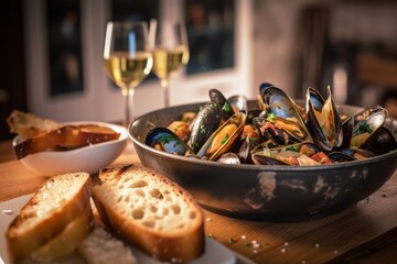 mussels in white wine sauce with slices of crusty bread on a wooden table