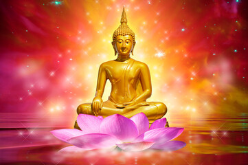 Buddha statue water lotus Buddha standing on lotus flower on orange background