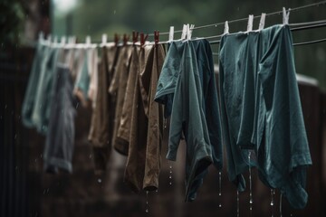 rainy day with clothes on the line, droplets of water dripping from them, created with generative ai