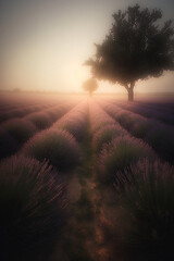 Lavender fields. Dreamy and misty landscape. Generative AI