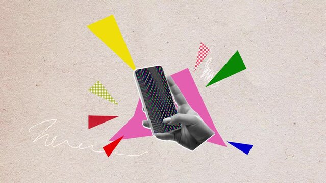 Female hand scrolling social media feed on media platforms. Modern lifestyle. Online marketing and freelance job. Contemporary art. Stop motion, animation. Concept of modern technologies, surrealism