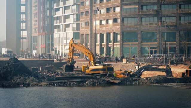 Diggers Clearing New Building Site In The City