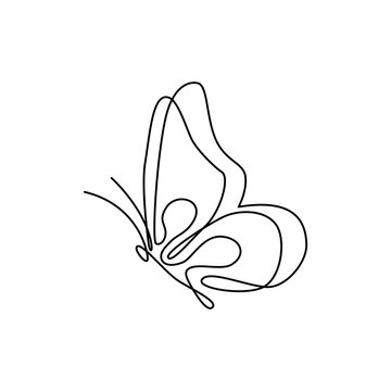 Continuous one line drawing. One line art. Beautiful butterfly. Side view. Abstract continuous line. Sticker, emblem, icon, tattoo design