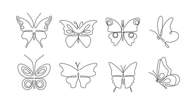 Continuous one line drawing. One line art. Set of beautiful butterflies. Abstract continuous line.