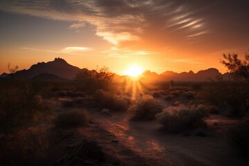 desert sunset, with the sun setting behind dramatic mountain range, created with generative ai