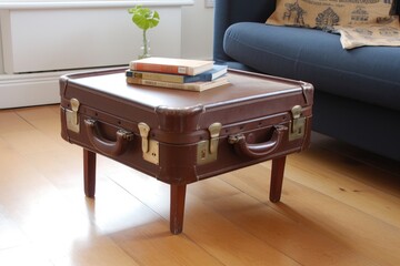 upcycled vintage suitcase into coffee table or storage unit, created with generative ai