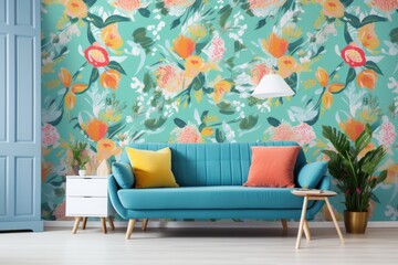 a room with a fresh wallpaper design in bold colors, complemented by pale blue walls and light furniture, created with generative ai