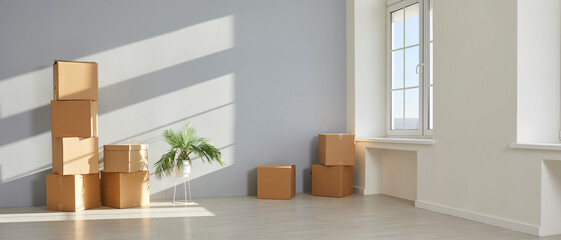 New house or apartment on moving day. Empty room with white and light gray walls, cardboard boxes,...