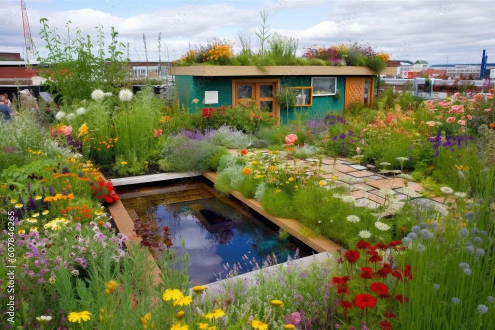 Canvas Prints green rooftop garden with colorful blooms and water feature, created with generative ai