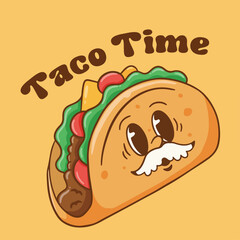 Vector retro mascot cartoon Delicious Taco character isolated on brown background good for t shirt design,poster, flayer design, sticker or etc