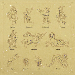 Vector constellation collection linocut style Cepheus Cassiopeia Andromeda Perseus Auriga Pegasus Cetus Lynx Scutum Ara Draco  © Andrew