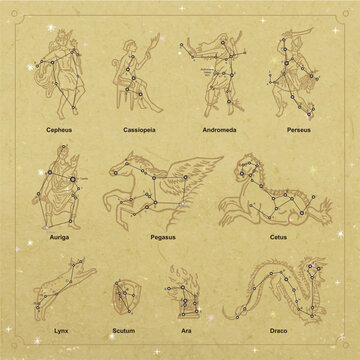 Vector constellation collection linocut style Cepheus Cassiopeia Andromeda Perseus Auriga Pegasus Cetus Lynx Scutum Ara Draco 