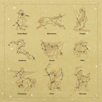Vector constellation collection linocut style CanisMajor Monoceros Puppis Eridanus Carina Vela Centaurus Orion Hercules