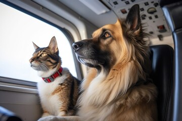 dog and cat sitting in cockpit of passenger plane, keeping watch over the flight, created with generative ai