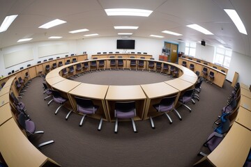 classroom with students' desks arranged in a circle for discussion or lectures, created with generative ai