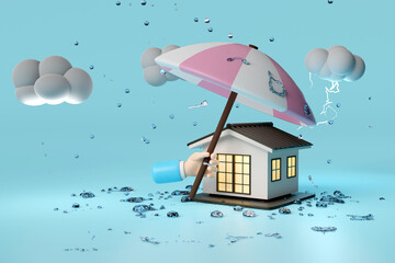 3d house with businessman hands holding umbrella, cloud, drop rain water, thunder isolated on blue background. protection and security concept, 3d render illustration
