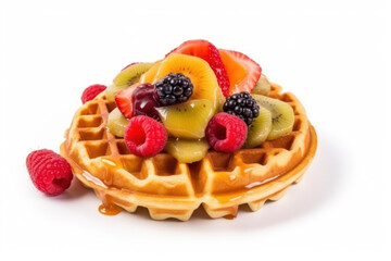 Traditional belgian waffles with fresh fruit and caramel on white background. AI