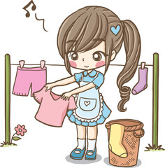 Fototapeta na wymiar young girl drying clothes drawing cartoons doodle kawaii anime cute illustration drawing clip art character chibi manga comic