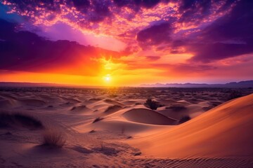 Fototapeta na wymiar desert sunset, with golden sky and purple clouds, created with generative ai