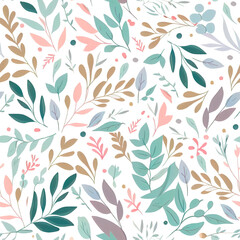 Seamless pattern of varicoloured leaves on a white background. Abstract illustration, design element. Generative AI.