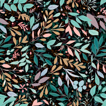 Seamless pattern of colorful leaves on a black background. Abstract illustration, design element. Generative AI.