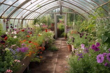 Fototapeta na wymiar greenhouse surrounded by blooming flowers and herbs, created with generative ai
