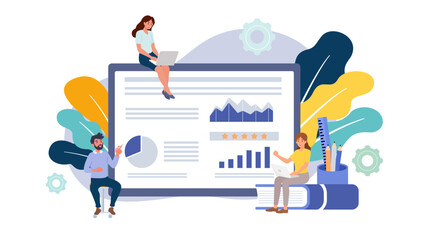 Business people. Diverse characters working as a teamwork. Business meeting and brainstorming with team for goal planning and data analytics to achieve financial strategy. Flat vector illustration.