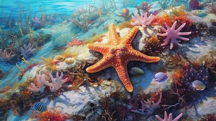 Illustration of a vibrant underwater ecosystem with a starfish and colourful corals created with Generative AI technology