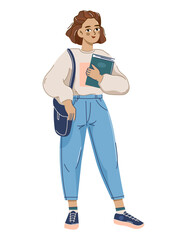 A student girl is standing with a book. Studying at the university, preparing for exams. Vector illustration of people