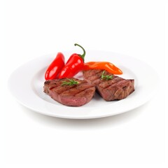 Grilled beef meat entrecote on white plates with peppers isolated on white background