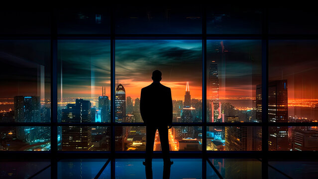 manager overlooks the cityscape from his high-rise office, business concept, Generative AI