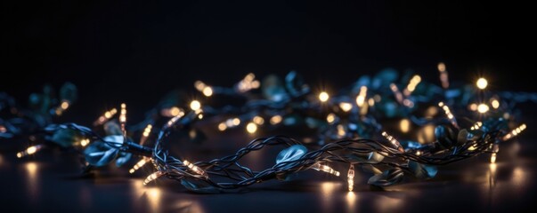 Blue holiday string lights on a wooden table on black background, Generative AI