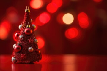 Fototapeta na wymiar Red christmas tree on a table with bokeh background, Generative AI