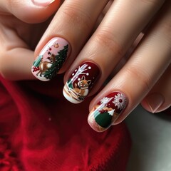 A woman has painted her nails with christmas decorations, Generative AI